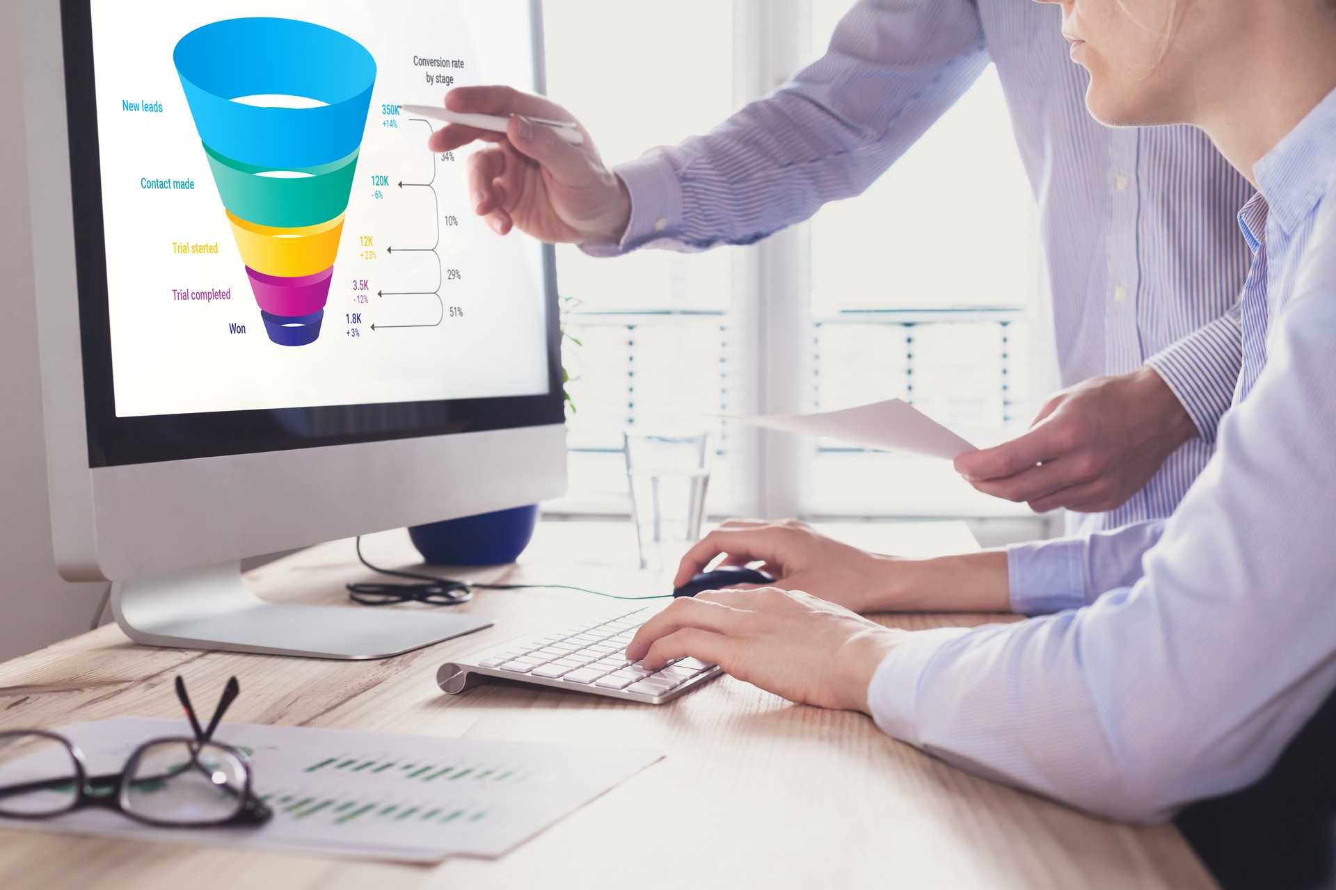 Marketing funnel and data analytics used by a team of sales consultant to analyze leads generation, conversion rate, and sales performance of e-commerce. Multi-channel advertising, customer journey.